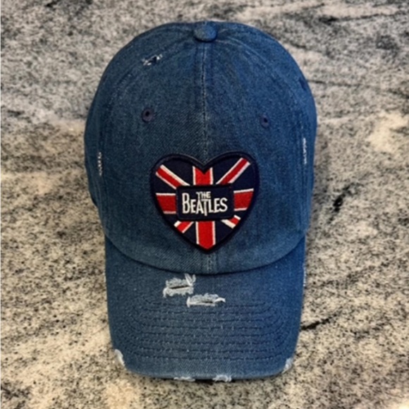 New Custom Designed Blue Distressed Baseball Cap with The Beatles Heart. main image 4